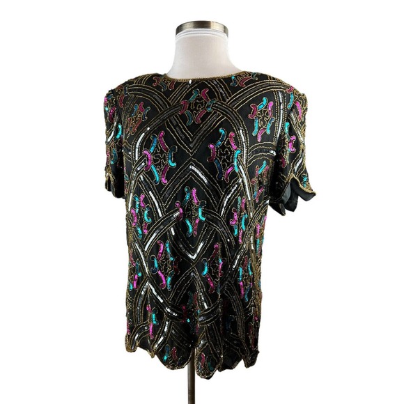 Vintage Papell Boutique Silk Sequin Beaded Embellished Jacket Black Plus Size 2X - Picture 9 of 11